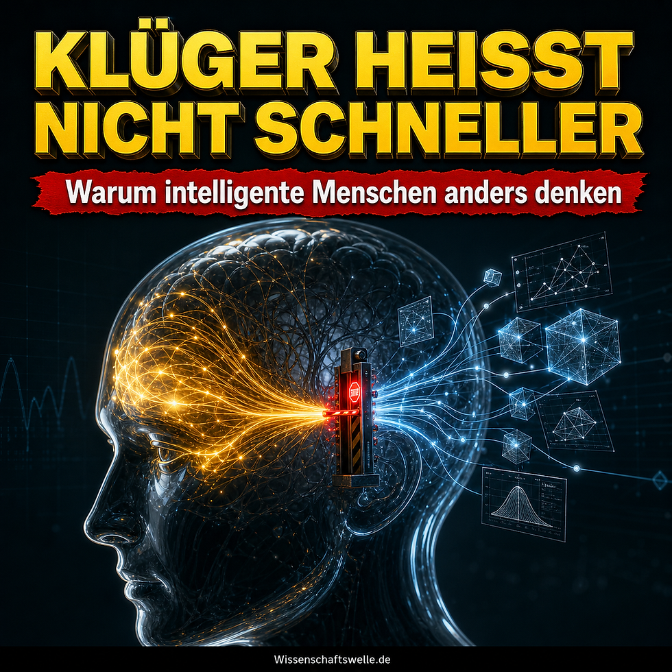 Wissenschaftswelle-Cover mit gelber Überschrift, rotem Banner und gläsernem Kopf, in dem ein leuchtender Denkimpuls an einer roten Bremse stoppt und sich in blaue Modelllinien verzweigt.