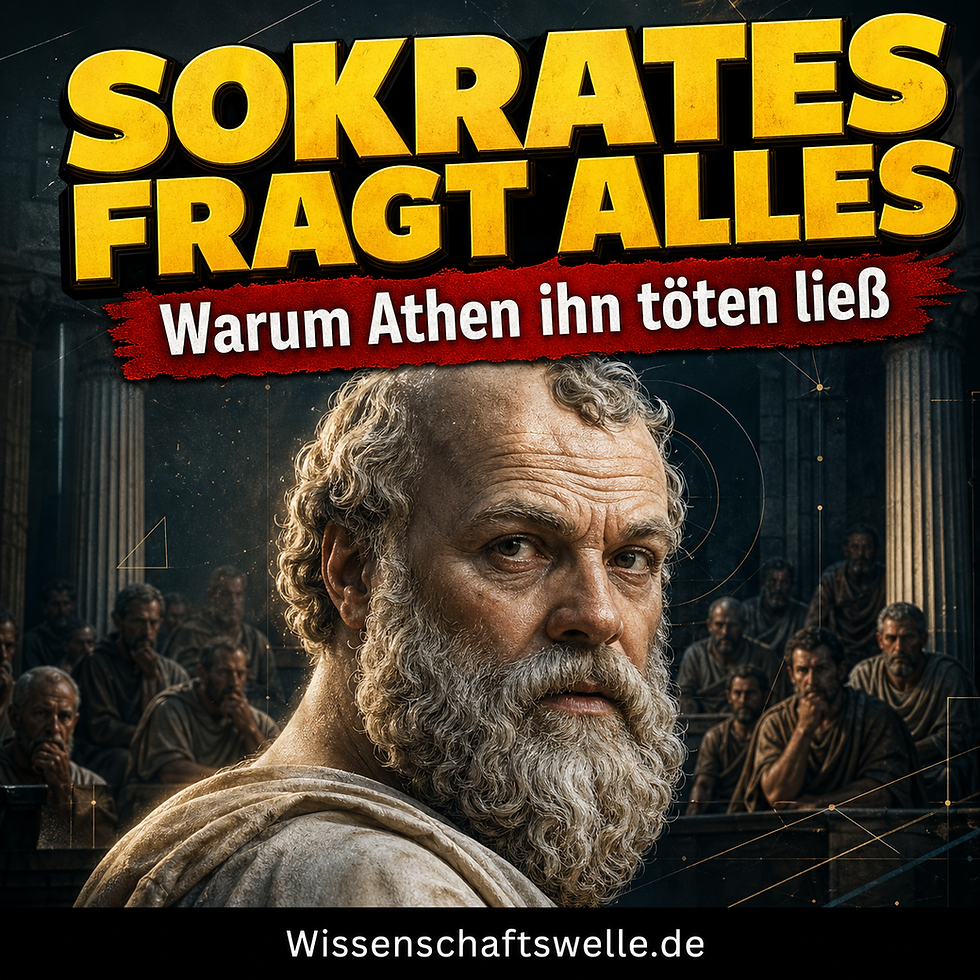 Quadratisches Cover mit einem eindringlich blickenden Sokrates vor einer dunklen athenischen Gerichtsszene, der gelben Überschrift „SOKRATES FRAGT ALLES“ und dem roten Banner „Warum Athen ihn töten ließ“.