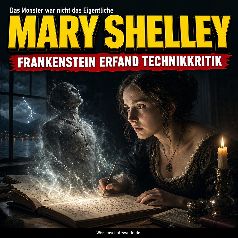 Mary Shelley schreibt bei Kerzenlicht in ein Manuskript, aus dessen Seiten sich eine geisterhaft elektrische Frankenstein-Gestalt erhebt.