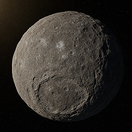 Fotorealistische Nahansicht des Großasteroiden Vesta mit zerklüfteter basaltischer Oberfläche, hellen und dunklen Regionen sowie dem gewaltigen südpolaren Einschlagsbecken vor schwarzem Weltraum.