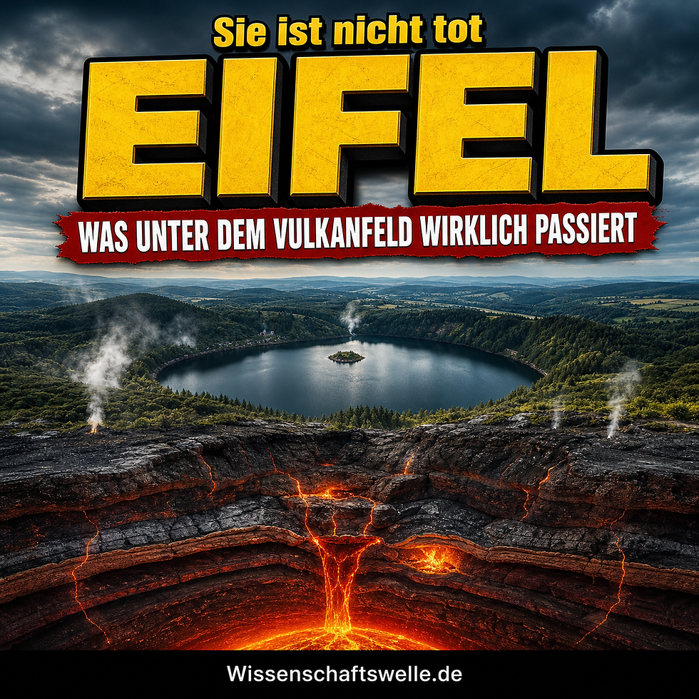 Dramatisches Wissenschaftswelle-Cover mit der vulkanischen Eifellandschaft, einem dunklen Maarsee, aufsteigenden Gasfahnen und glühenden geologischen Strukturen unter der Oberfläche.