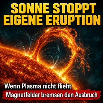 Wissenschaftswelle-Cover mit einer aufsteigenden, aber zurückgebogenen Sonneneruption, deren Plasma von leuchtenden Magnetbogen wieder eingefangen wird.