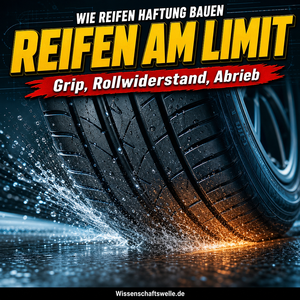 Nahaufnahme eines Autoreifens auf nasser Straße mit aufspritzendem Wasser und dem Covertext „Reifen am Limit“ sowie „Grip, Rollwiderstand, Abrieb“.