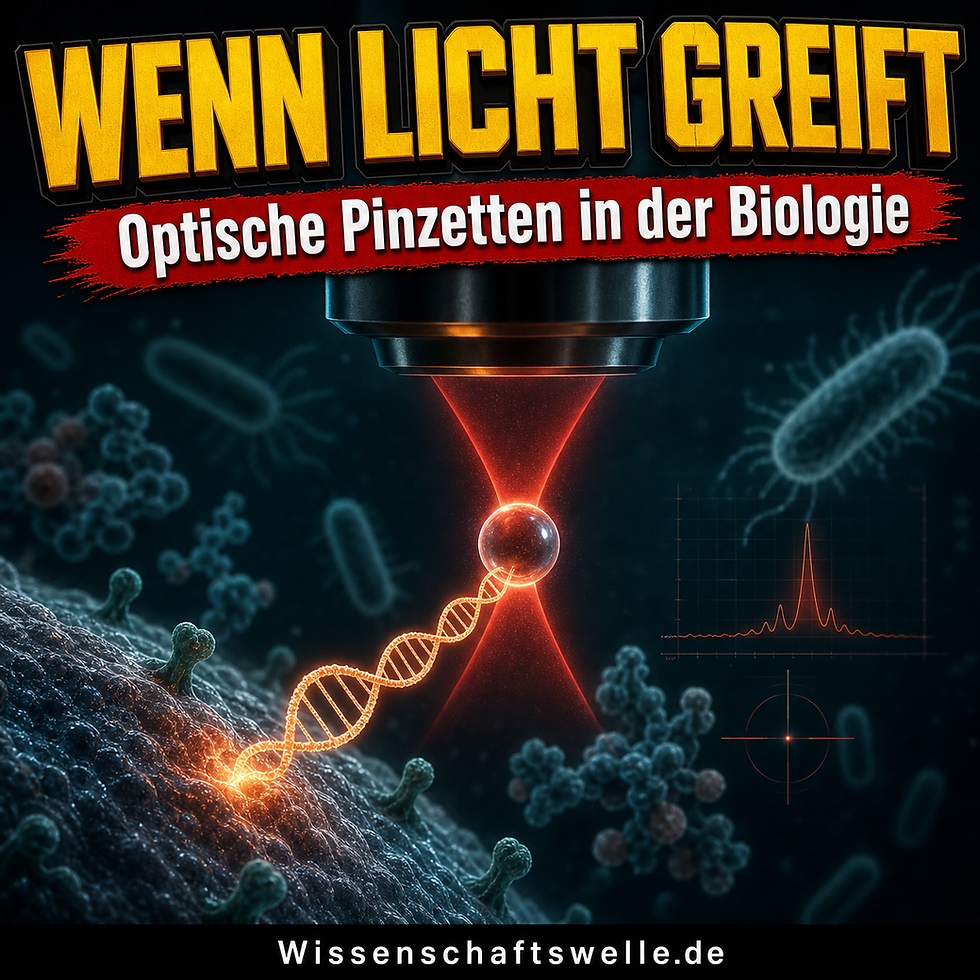 Quadratisches Cover mit gelber Überschrift „Wenn Licht greift“, rotem Banner „Optische Pinzetten in der Biologie“, einer fokussierten Laserfalle, die eine Mikrokugel über einer DNA-Struktur nahe einer Zelloberfläche hält, und kleinem Footer-Branding „Wissenschaftswelle.de“.