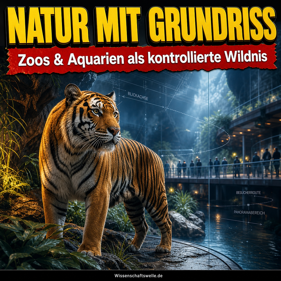 Ein Tiger steht in einer üppig inszenierten Zooanlage vor einer gläsernen Besucherroute; das Motiv macht die gebaute Wildnis und die kontrollierte Nähe moderner Zoos sichtbar.