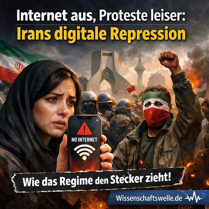 Realistisches Facebook-Titelbild im quadratischen Format: Eine besorgt blickende Frau mit Kopftuch hält ein Smartphone mit der Meldung „No Internet“. Im Hintergrund sind iranische Proteste, Sicherheitskräfte und die Skyline von Teheran zu sehen. Flammen und Rauch symbolisieren Eskalation und Repression. Auf dem Bild steht der Text „Internet aus, Proteste leiser: Irans digitale Repression – Wie das Regime den Stecker zieht!“ sowie der Hinweis „Wissenschaftswelle.de“.