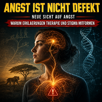 Wissenschaftswelle-Cover mit dem Profil einer Frau, einem leuchtenden Warnnetz zwischen Brust und Gehirn, evolutionären Motiven links und einer blassen DNA-Helix rechts als Symbol für zwei Erklärungsrahmen von Angst