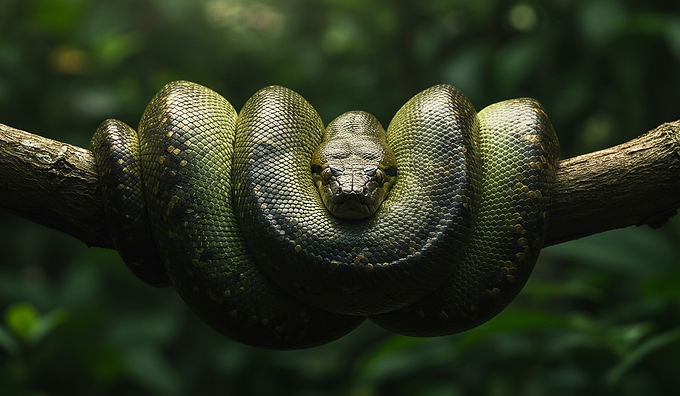 Eine dunkelgrüne Schlange mit feinen Schuppen und helleren Flecken windet sich eng um einen dicken, waagerechten Ast. Ihr Kopf ist mittig in der Körperschleife platziert und blickt direkt zum Betrachter. Der Hintergrund ist unscharf und zeigt dichtes, dunkles Grün, was auf eine Dschungelumgebung hindeutet.