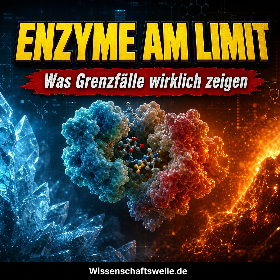 Dramatisch beleuchtetes Enzym zwischen Eis auf der linken und Hitze auf der rechten Bildseite als Symbol für Grenzfälle der Enzymforschung.