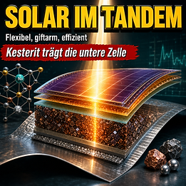Wissenschaftswelle-Cover mit einer gebogenen Tandem-Solarzelle auf Metallfolie, deren obere Perowskit-Schicht und dunkle Kesterit-Unterzelle im Querschnitt von einem Lichtstrahl durchdrungen werden.