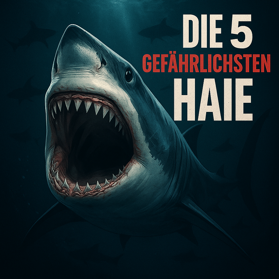 Ein illustriertes Bild zeigt einen großen Weißen Hai, der mit weit aufgerissenem Maul frontal auf den Betrachter zuschwimmt. Seine rasiermesserscharfen Zähne sind deutlich zu sehen. Im tiefblauen Wasser im Hintergrund sind die Silhouetten weiterer Haie zu erkennen. Über dem Hai steht in großer Schrift der Text: "DIE 5 GEFÄHRLICHSTEN HAIE".
