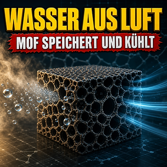 Wissenschaftswelle-Cover: Ein dunkler poröser Metall-organischer Gerüststoff sammelt Wassertropfen aus der Luft, während ein blauer Kältestrom austritt.