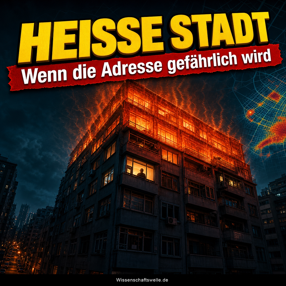 Nachts glühender Wohnblock in einer dichten Stadt, dessen obere Stockwerke Hitze abstrahlen; an einem Fenster steht die Silhouette einer älteren Person, darüber die Headline „HEISSE STADT“ und der Hinweis, dass die Adresse gefährlich werden kann.