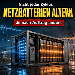 Wissenschaftswelle-Cover mit einem großen Container-Batteriespeicher vor Stromnetzlinien und leuchtenden Zellmodulen, die je nach Lastsignal unterschiedlich beansprucht werden.