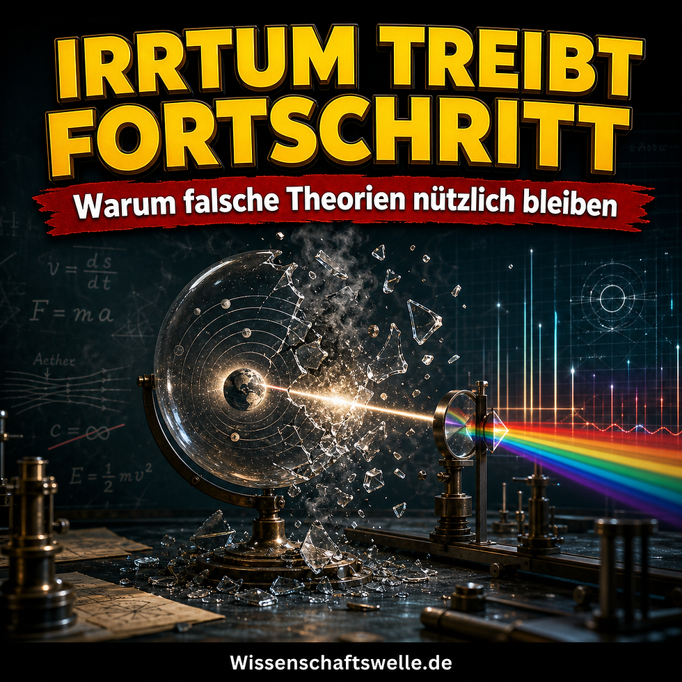 Ein zerbrechendes historisches Messinstrument vor einer Tafel mit alten Formeln, aus dessen Bruch eine helle Spektrallinie hervorgeht als Bild für wissenschaftlichen Fortschritt aus Irrtum.