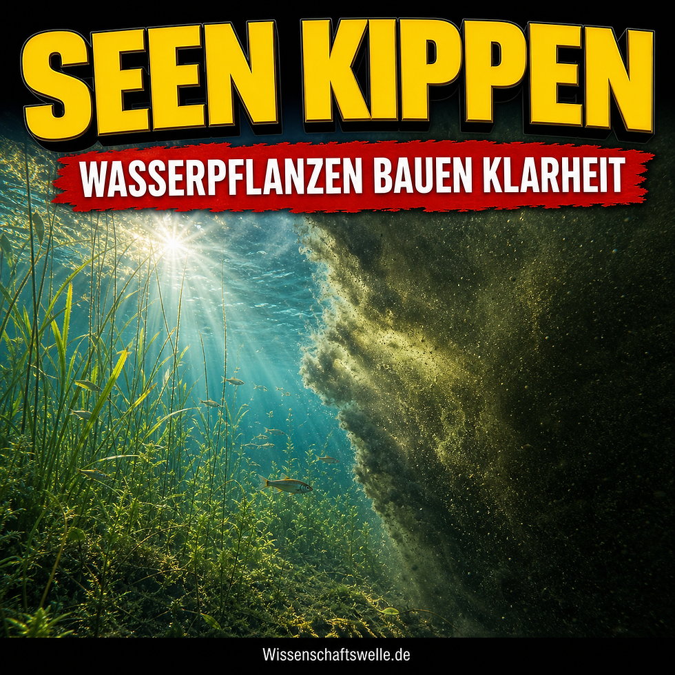 Dichter Unterwasserpflanzen-Bestand in einem klaren See, links von Sonnenlicht durchleuchtet, während rechts eine dunkle Wand aus aufgewirbeltem Sediment und Algen ins Wasser drängt.