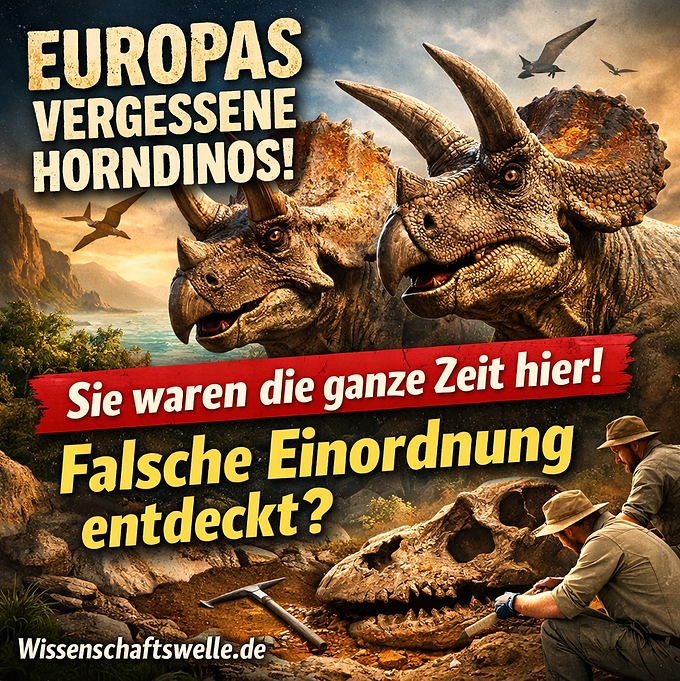 Realistisches Titelbild mit zwei europäischen Horndinosauriern (Ceratopsiern) im Vordergrund, die den Betrachter ansehen. Im Hintergrund eine kreidezeitliche Insel-Landschaft Europas mit Bergen, Himmel und fliegenden Flugsauriern. Unten rechts graben Paläontologen einen Dinosaurierschädel aus dem Boden. Auf dem Bild steht der Text: „Europas vergessene Horndinos! Sie waren die ganze Zeit hier! Falsche Einordnung entdeckt?“ sowie der Hinweis „Wissenschaftswelle.de“.