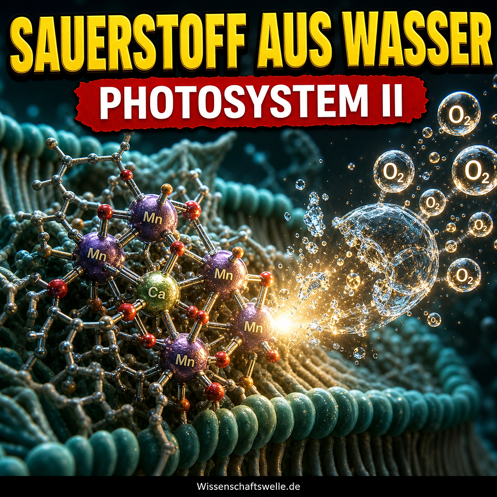 Dramatische Illustration des Mn4CaO5-Kerns im Photosystem II, der in einer Thylakoidmembran ein Wassermolekül aufspaltet und Sauerstoffblasen freisetzt.
