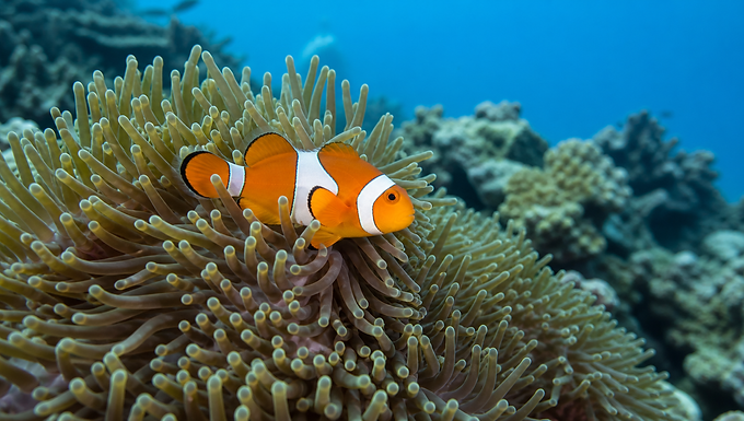 Ein gewöhnlicher Clownfisch mit orangefarbenem Körper und drei weißen Bändern blickt zwischen den Tentakeln einer Seeanemone aus einem tropischen Korallenriff hervor