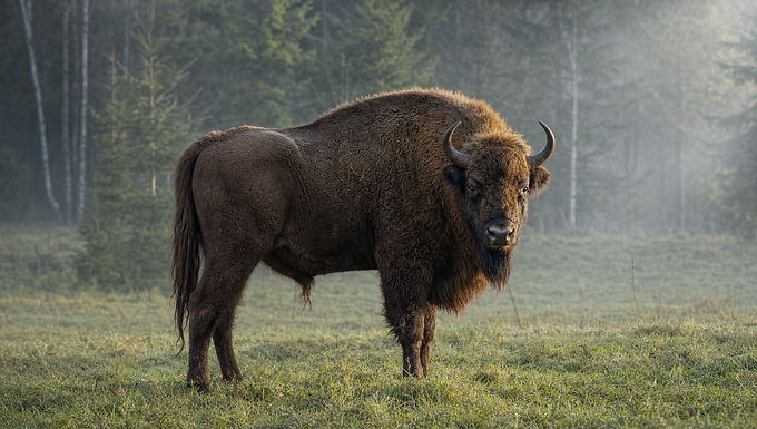 Ein Wisent steht im warmen Morgenlicht auf einer Waldlichtung, mit massigem Vorderkörper, dunklem Fell und zottiger Stirnmähne