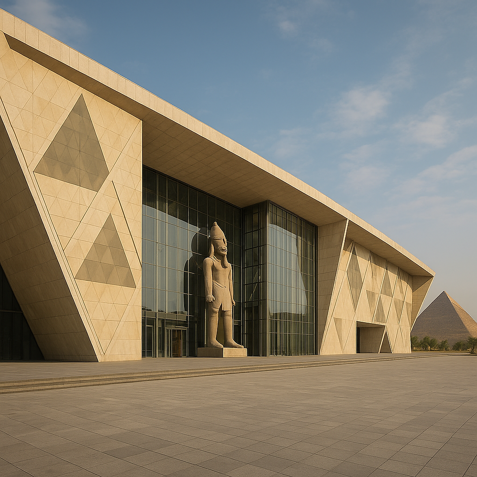Fotorealistische Außenansicht des Grand Egyptian Museum (GEM) nahe dem Gizeh-Plateau. Die moderne, sandfarbene Fassade mit markanten Dreiecksmotiven wirkt wie eine zeitgenössische Antwort auf die Pyramiden, die im Hintergrund sichtbar sind. Vor der großen Glasfront steht die monumentale Statue von Ramses II., warm vom Sonnenlicht beleuchtet. Weite Platzfläche, klarer Himmel, architektonische Ruhe.