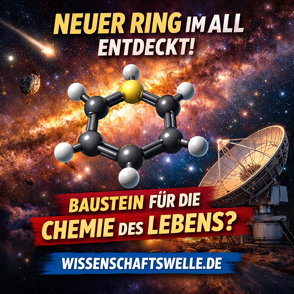 Facebook-Titelbild im Quadratformat: Vor einem farbintensiven galaktischen Hintergrund schwebt ein sechsgliedriges, ringförmiges Schwefelmolekül mit gelbem Schwefelatom im Zentrum. Daneben ist ein großes Radioteleskop zu sehen, das auf den Weltraum gerichtet ist. Darüber steht der Text „Neuer Ring im All entdeckt!“, darunter der Teaser „Baustein für die Chemie des Lebens?“ sowie der Hinweis „Wissenschaftswelle.de“.