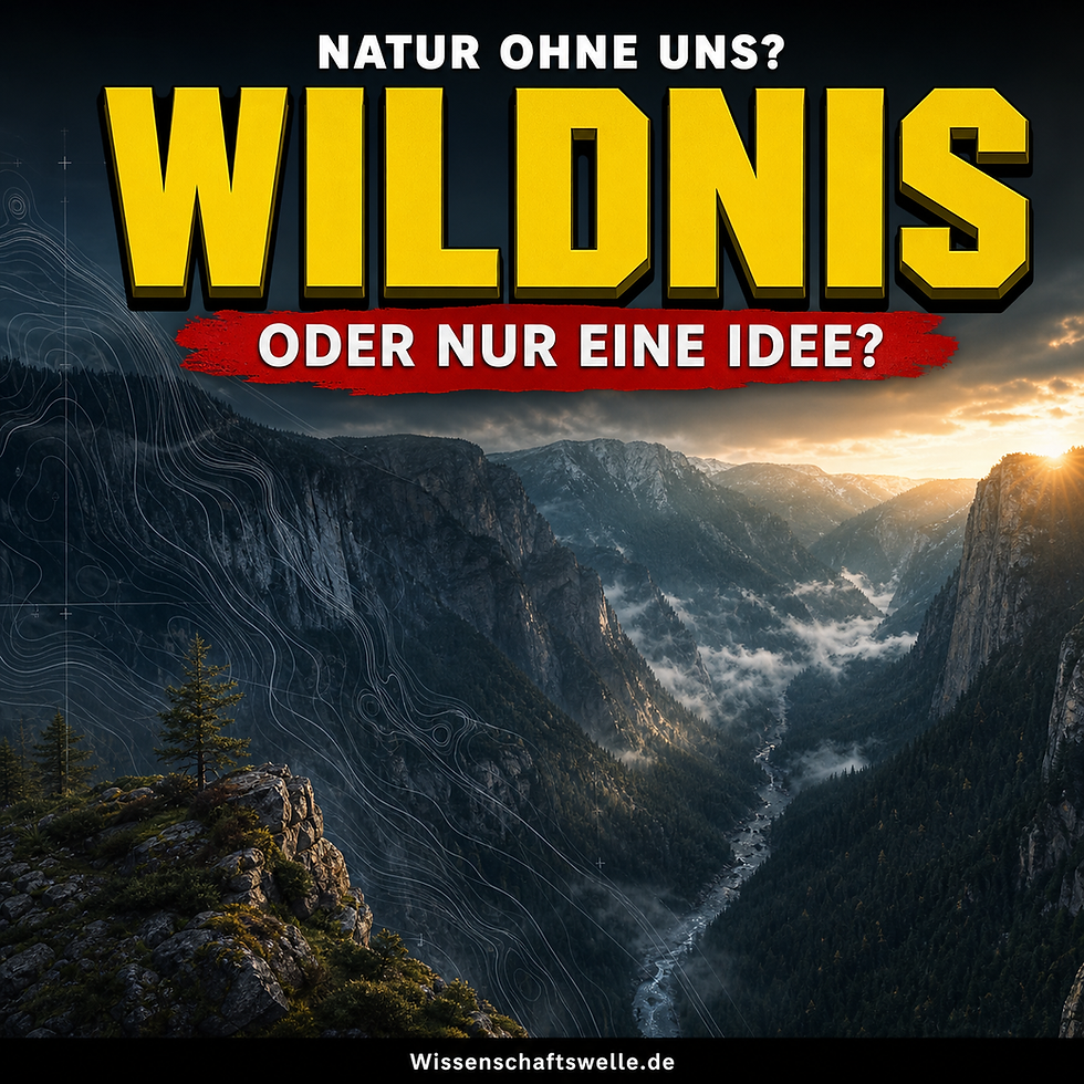 Dramatisches Gebirgstal im Morgenlicht mit feinen topografischen Linien und der großen Titelzeile WILDNIS über der Frage nach Natur ohne uns.