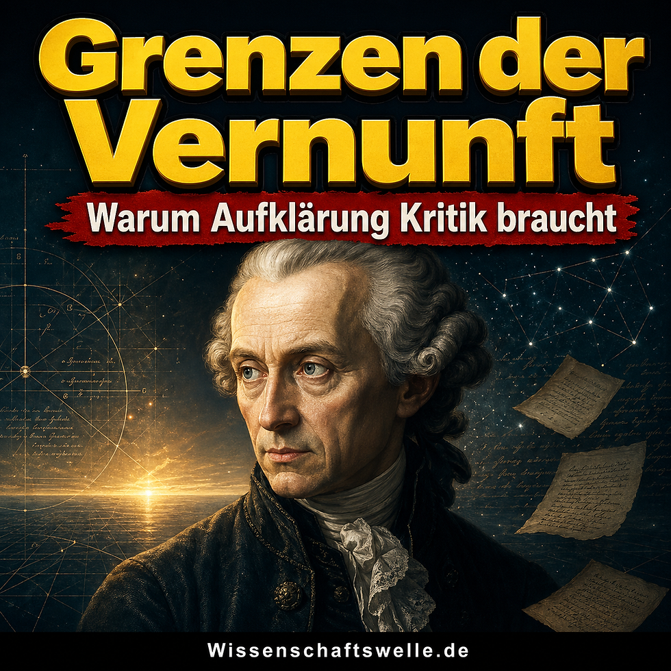 Quadratisches Cover mit einem dramatisch beleuchteten Porträt von Immanuel Kant vor einem dunklen, strukturierten Hintergrund, gelber Überschrift „Grenzen der Vernunft“ und rotem Banner mit dem Text „Warum Aufklärung Kritik braucht“.