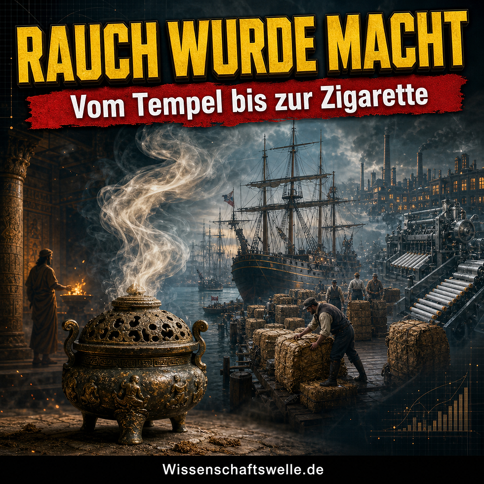 Quadratisches Cover mit einem antiken Weihrauchgefäß im Vordergrund, dessen Rauch in eine Hafen- und Fabrikszene übergeht, dazu die gelbe Überschrift „Rauch wurde Macht“ und das rote Banner „Vom Tempel bis zur Zigarette“.