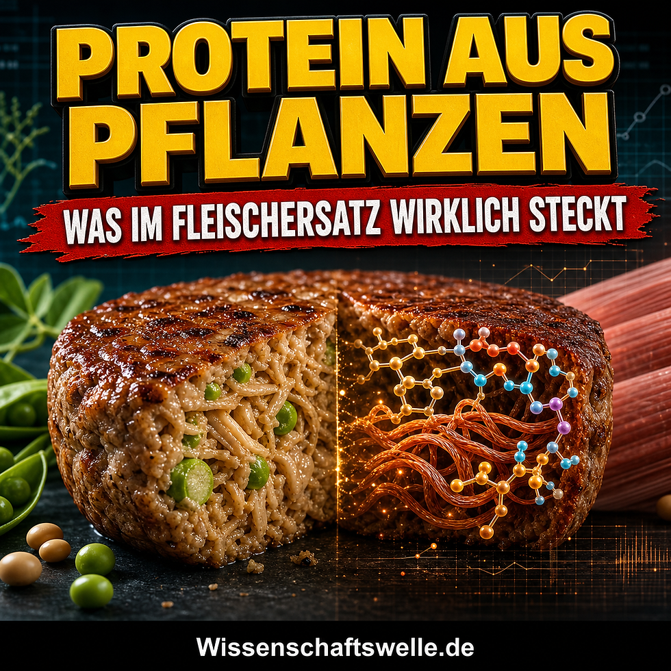 Aufgeschnittenes pflanzliches Burger-Patty mit sichtbarer Faserstruktur, Aminosäure-Modell und der Überschrift Protein aus Pflanzen