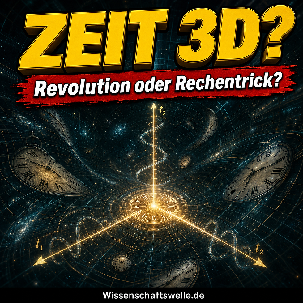 Quadratisches Wissenschaftswelle-Cover mit leuchtender gelber Überschrift über einem abstrahierten Raumzeit-Tunnel, drei hellen Zeitachsen und einer Uhrenspirale in dunklem Blaugrün, darunter rotes Banner zur Frage, ob Zeit mehrdimensional sein könnte.