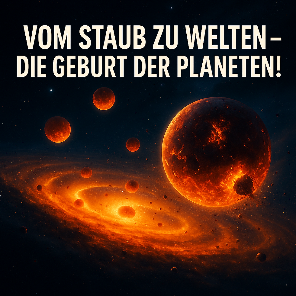 Leuchtend orangefarbene Staubringe um einen jungen Stern formen eine protoplanetare Scheibe; darin schweben mehrere glühende, halbfertige Planeten wie Lavakugeln. Der Kontrast aus dunklem Weltraum und feurigem Staubwirbel vermittelt dynamische Entstehung – die Geburt neuer Welten.