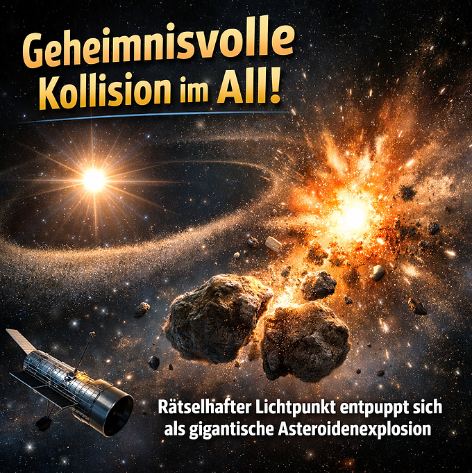 Illustration einer gewaltigen Asteroidenkollision im All: Zwei große Gesteinsbrocken explodieren zu einer hellen Staubwolke nahe des Sterns Fomalhaut, umgeben von einer Trümmerscheibe. Im Vordergrund beobachtet ein Weltraumteleskop das Ereignis. Darüber steht der Text: ‚Geheimnisvolle Kollision im All!‘ und ‚Rätselhafter Lichtpunkt entpuppt sich als gigantische Asteroidenexplosion‘.