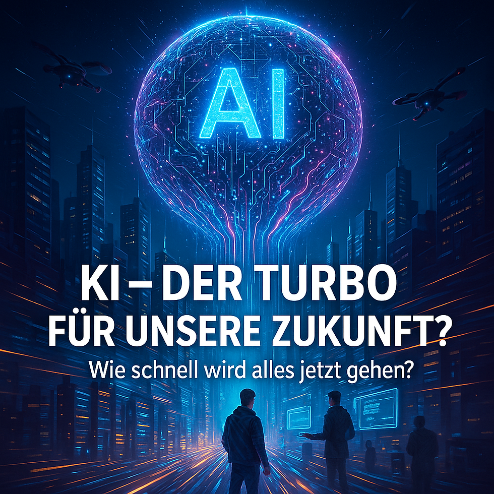 Das Titelbild zeigt eine futuristische Stadt bei Nacht. Über der Skyline schwebt ein leuchtendes, neuronales „AI“-Gehirn, aus dem Datenströme wie Lichtadern in die Straßen fließen. Menschen betrachten schimmernde Displays, während Drohnen am Himmel kreisen – ein Sinnbild für die beschleunigte, allgegenwärtige KI-Zukunft.