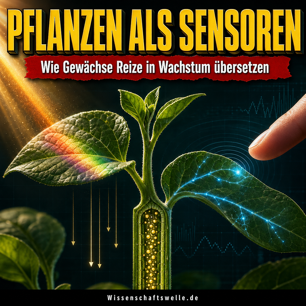 Nahaufnahme einer grünen Pflanze im dramatischen Licht; ein Finger nähert sich einem Blatt, während Leuchtsignale, Lichtstrahlen und Schwerkraftpfeile pflanzliche Sensorik sichtbar machen.