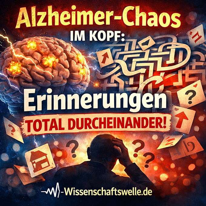 Quadratisches Social-Media-Titelbild zum Thema Alzheimer: Links ein leuchtendes Gehirn mit gelb-orangen Plaques und elektrischen Blitzen, rechts ein chaotisches Labyrinth mit Pfeilen und Fragezeichen als Symbol für durcheinandergeratene Erinnerungen. Im Vordergrund eine ältere Person, die sich verwirrt an den Kopf fasst. Große Schlagzeile: „Alzheimer-Chaos im Kopf: Erinnerungen total durcheinander!“ Unten das Branding „Wissenschaftswelle.de“.