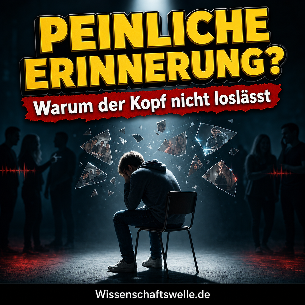 Quadratisches Cover mit einer einzelnen Person im grellen Spotlight vor dunklem Raum, umgeben von fragmentierten Erinnerungssplittern und roten Warnreflexen, dazu die gelbe Überschrift „PEINLICHE ERINNERUNG?“ und der rote Banner „Warum der Kopf nicht loslässt“.