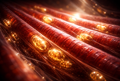 Eine fotorealistische Nahaufnahme im 16:9-Format, die die Struktur einer menschlichen Muskelfaser unter einem fiktiven, künstlerisch beleuchteten Mikroskop zeigt. Man erkennt die parallel verlaufenden Myofibrillen, die in einem tiefen Rot leuchten, während kleine, goldglänzende Mitochondrien wie winzige Kraftwerke zwischen den Fasern eingebettet sind. Das Bild vermittelt eine Ästhetik von Kraft, Energie und biologischer Präzision, ohne technische Symbole oder Texte zu verwenden. Der Hintergrund ist dunkel und lässt die organischen Strukturen plastisch hervortreten.