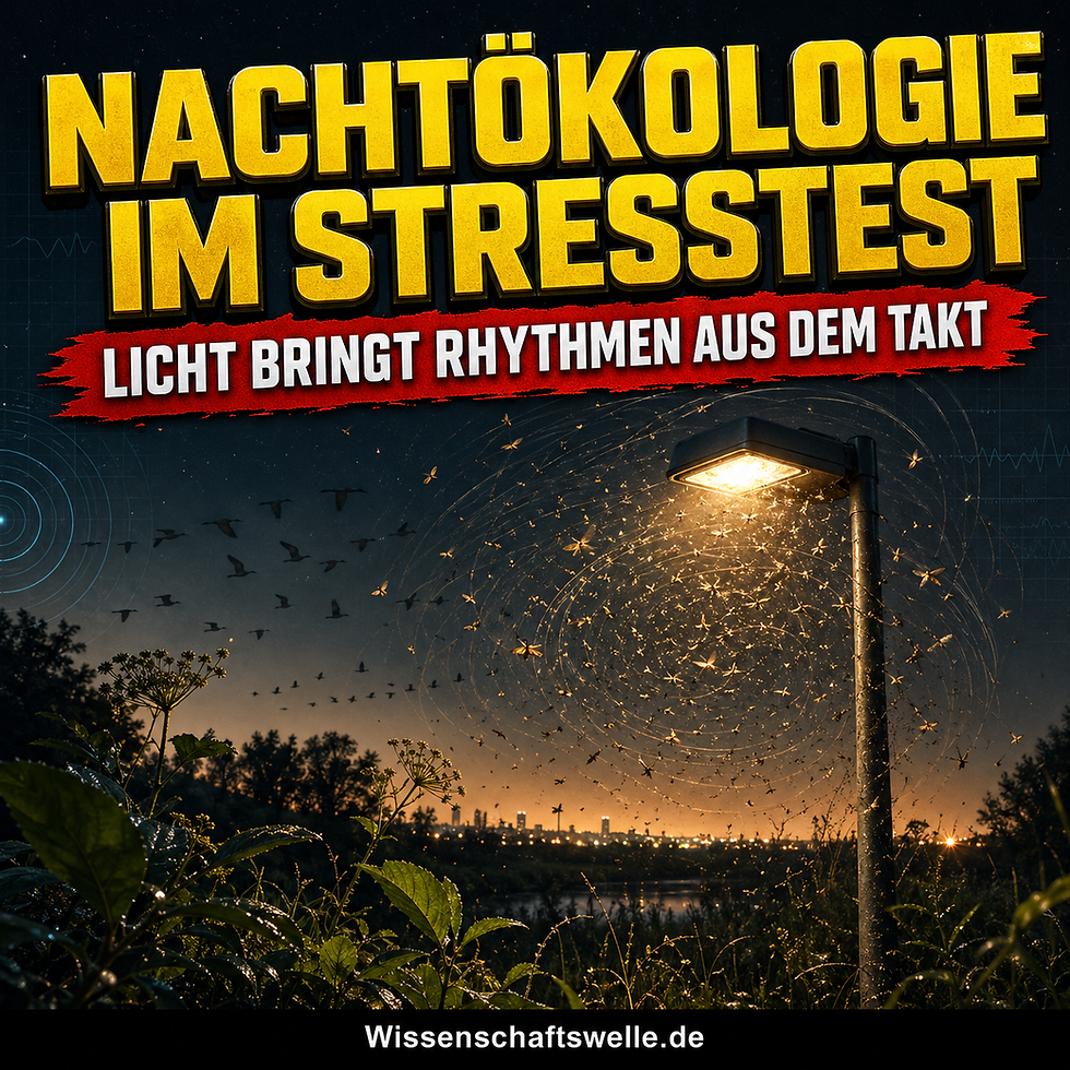 Eine nächtliche Wiese vor Stadtlichtern, um eine Straßenlampe kreisende Insekten, ziehende Vögel und dunkle Pflanzen im Vordergrund.