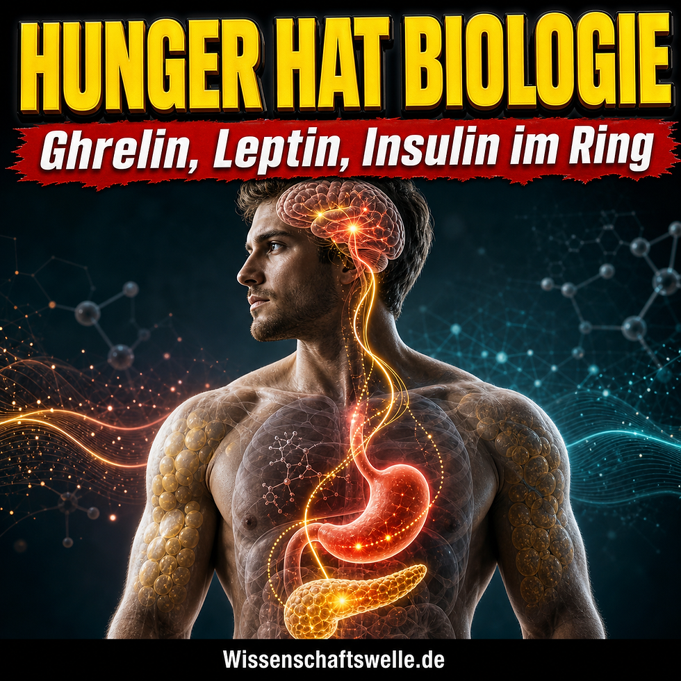 Dramatisches Titelbild mit menschlichem Oberkörper, leuchtendem Gehirn, Magen und Bauchspeicheldrüse sowie den Texten „HUNGER HAT BIOLOGIE“ und „Ghrelin, Leptin, Insulin im Ring“.