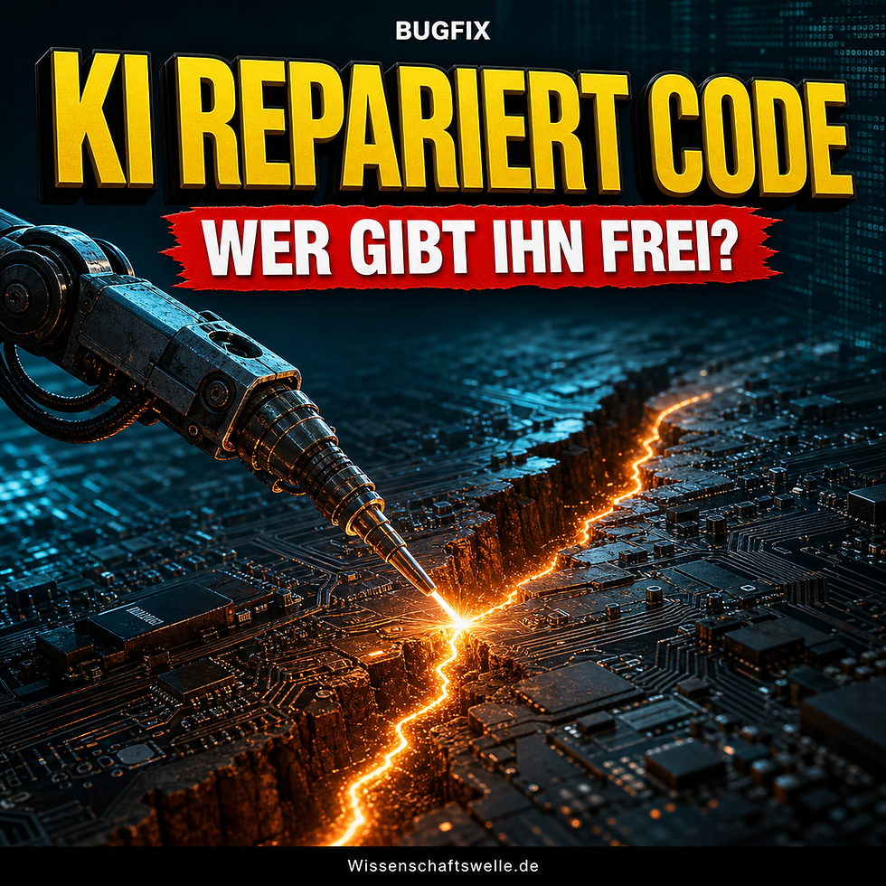 Ein Roboterarm verschweißt auf einer dunklen Leiterplatte einen leuchtenden Riss. Darüber stehen die Texte „KI repariert Code“ und „Wer gibt ihn frei?“