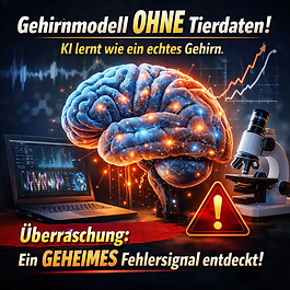 Realistisches Titelbild im Quadratformat: Ein leuchtendes, digital vernetztes Gehirn schwebt im Zentrum, blau-orange beleuchtet. Links ein Laptop mit neuronalen Diagrammen, rechts ein Mikroskop. Im Hintergrund sichtbare Gehirnwellen und eine ansteigende Lernkurve. Auf dem Bild steht der Text: „Gehirnmodell ohne Tierdaten – KI lernt wie ein echtes Gehirn. Überraschung: Ein geheimes Fehlersignal entdeckt.“