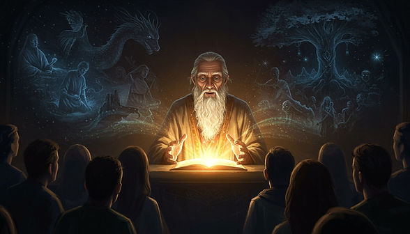 Eine dramatische Darstellung eines antiken Geschichtenerzählers, umgeben von aufmerksamen Zuhörern, deren Gesichter von magischem Licht der Fiktion erhellt werden, während mythische Kreaturen im Hintergrund schweben.