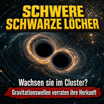 Wissenschaftswelle-Cover mit zwei verschmelzenden Schwarzen Löchern, goldenen Akkretionswirbeln und einem dichten Sternhaufen als Herkunftsmetapher im Hintergrund.