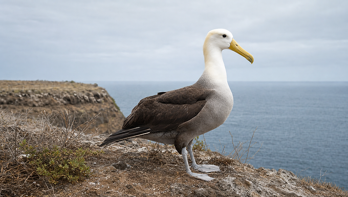 Ein erwachsener Galápagos-Albatros mit cremeweißem Kopf, langem gelbem Schnabel und dunkelbraunem Körper steht auf einer windigen Klippe der Insel Española vor dem Pazifik.