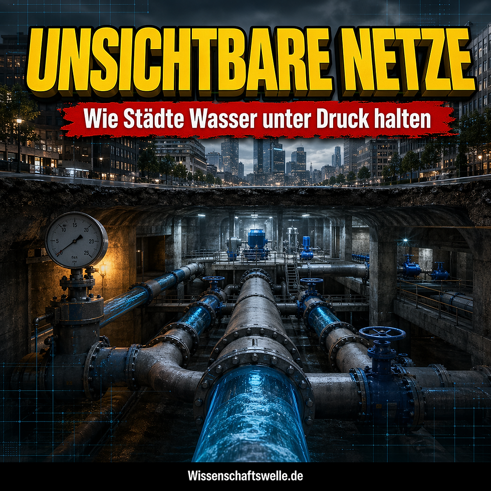 Unterirdisches städtisches Trinkwassernetz mit großen Rohrleitungen, Pumpen und Druckmessgerät unter einer nächtlichen Skyline.