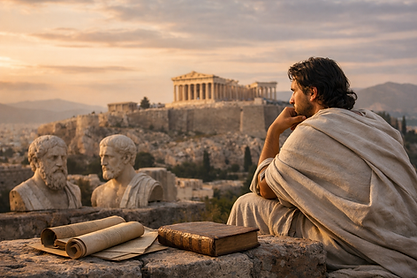 Ein junger Mann in antiker Tunika sitzt nachdenklich auf einer steinernen Mauer und blickt im warmen Abendlicht zur Akropolis. Im Vordergrund liegen aufgeschlagene Schriftrollen und ein altes Buch, daneben zwei steinerne Büsten, die an Platon und Aristoteles erinnern. Der Hintergrund zeigt den Parthenon leicht unscharf, was eine ruhige, zeitlose und reflektierende Atmosphäre erzeugt.