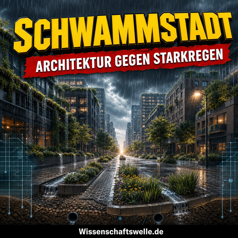 Regengetränkte Stadtstraße mit begrünten Dächern, bepflanzten Mulden und durchlässigen Belägen, die Starkregen sichtbar aufnehmen und ableiten.