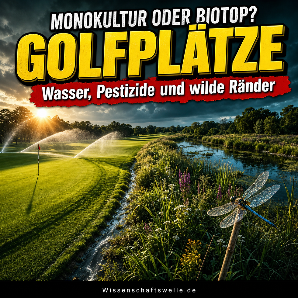 Dramatisch beleuchteter Golfplatz mit Sprinklern links und naturnaher Teich- und Roughzone rechts, davor eine große Libelle.