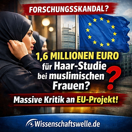 Facebook-Titelbild im quadratischen Format: Links eine muslimische Frau, die ihren Hijab richtet, rechts das EU-Parlamentsgebäude und die EU-Flagge. Groß eingeblendeter Text: ‚Forschungsskandal? 1,6 Millionen Euro für Haar-Studie bei muslimischen Frauen?‘ sowie ‚Massive Kritik an EU-Projekt!‘ Unten der Hinweis ‚Wissenschaftswelle.de‘. Das Bild visualisiert die politische Debatte um EU-Forschungsförderung und umstrittene Sozialforschung.